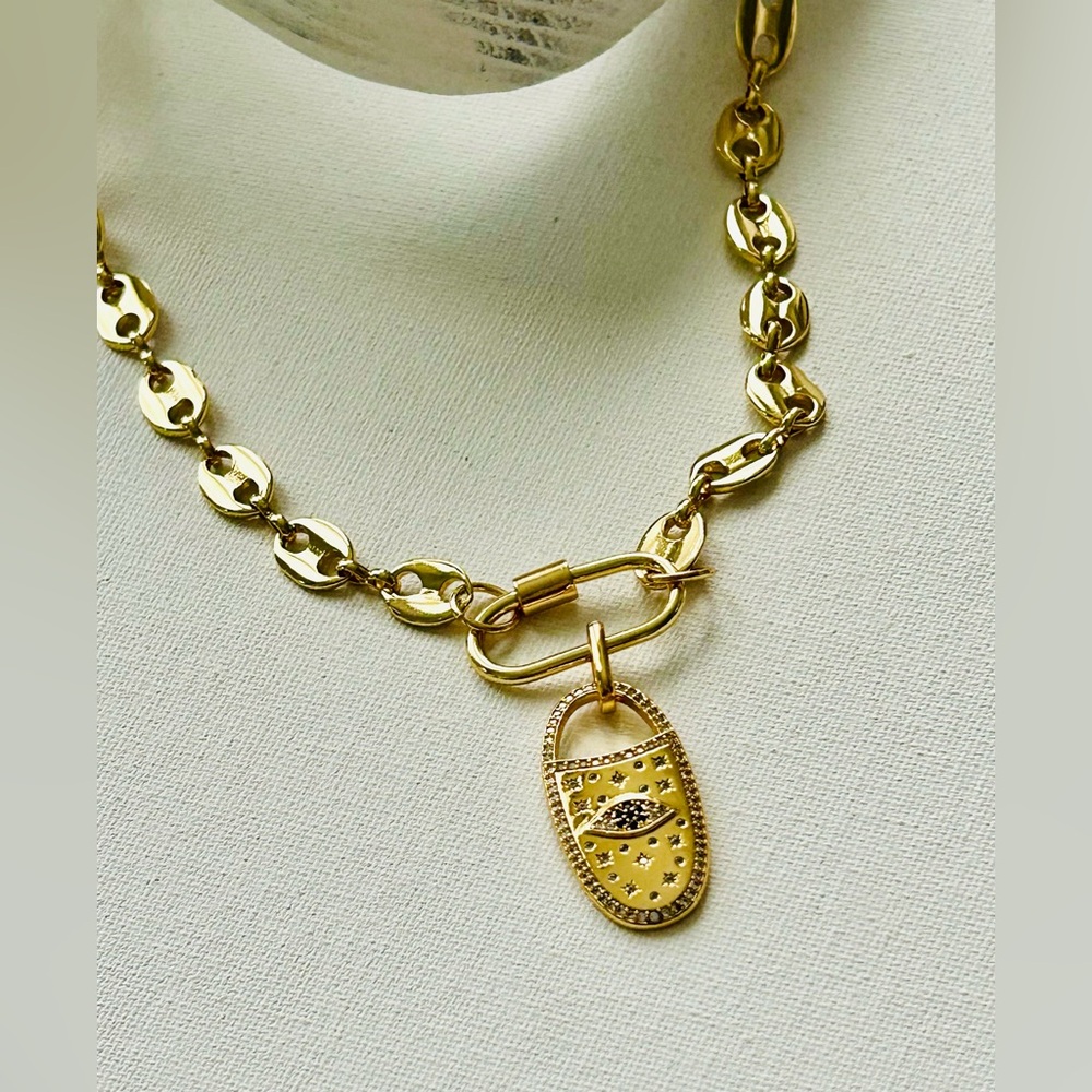 Evil eye pendant necklace, 18K gold plated necklace, carabiner connector NEW